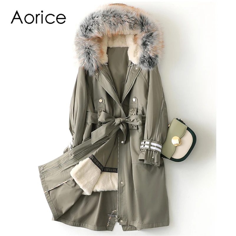

Aorice Women Real Fox Fur Collar Coat Jacket Female Rex Rabbit Liner Long Parka Trench A41630