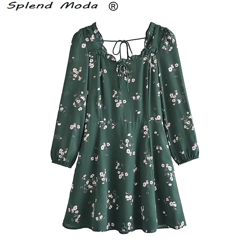 

Платье-мини женское шифоновое с цветочным принтом, открытой спиной и длинным рукавом