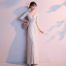 Благородная леди шампанское Qipao сексуальное вечернее платье Элегантный Bling тонкий китайский платье с v-образным вырезом Vestidos De Festa изысканный Cheongsam