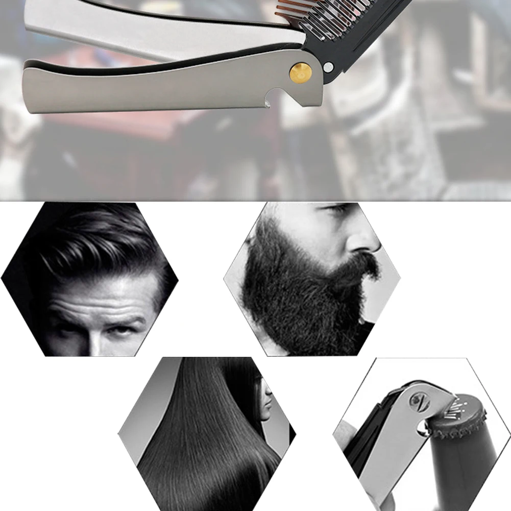 

1 pcs Folding Beard Comb Pocket Hair Mustache Comb Stainless Steel Light Metal Handle Foldable Combing Facial Mustache Comb Beer