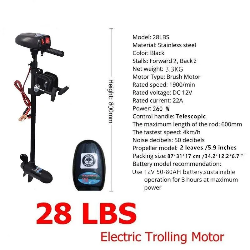 Solarmarine 28 LBS 12V  Electric Trolling Motor 260W Outboard Boat Engine Transom Mount Inflatable Fishing Kayak Propeller images - 6