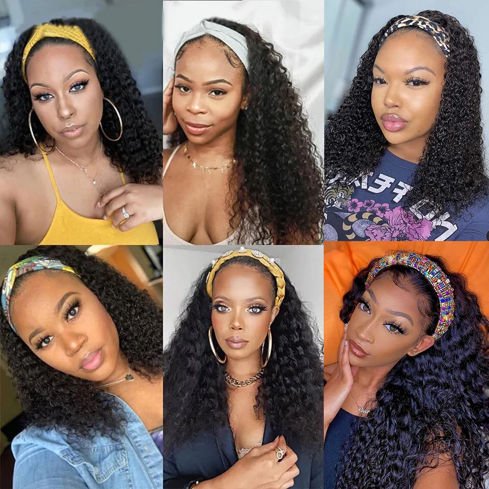 Headband Wig Human Hair Kinky Curly Brazilian 40 in Deep Wave Glueless Wigs For Women Remy Full Machine Made Fast Delivery | Шиньоны и
