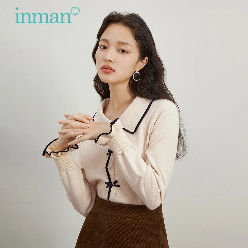 

INMAN Women's Sweater Autumn Winter Elegant Sweet Pearl Bow Design Pointed Collar Beige Pullover Top