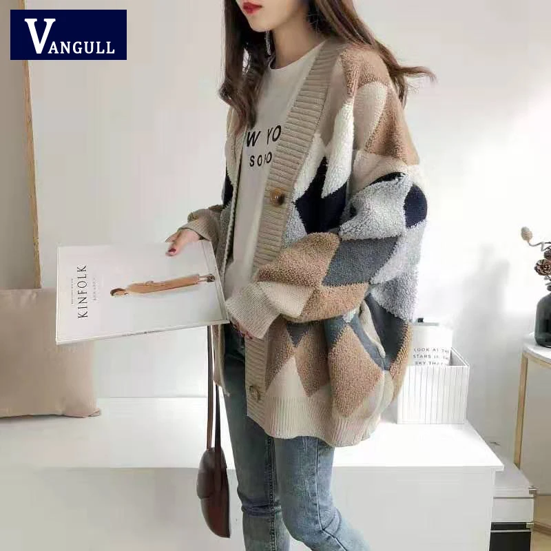 Vangull в клетку кардиган Свитер В стиле пэчворк Открытые длинный вязаный женский
