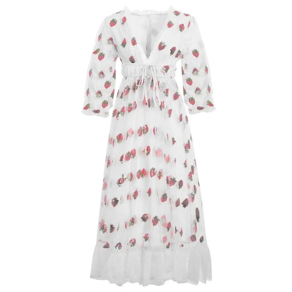 

Fashion Women Casual Sexy Strawberry Sweet Mesh Yarn V-Neck Pleated Long SkirtFashion Women Polka Dot Print Deep V-Neck Ruffles