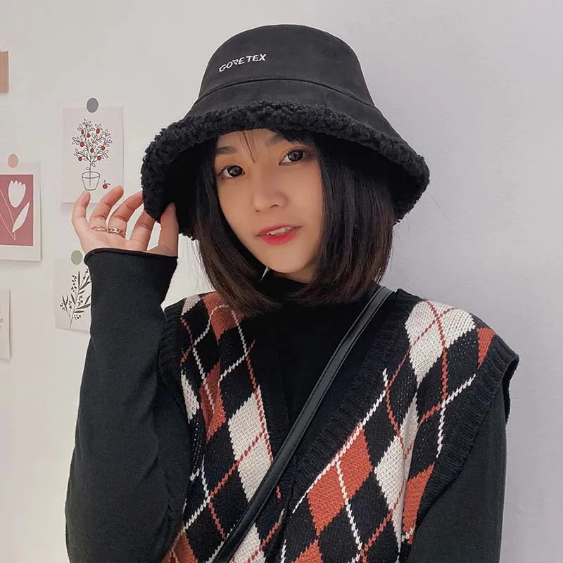 

2020 Women Hat Winter Artificial Fur Warm Plush Female Cap Faux Fur Bucket Hat Wool Fisherman Caps Sunscreen Panama Lady Cap