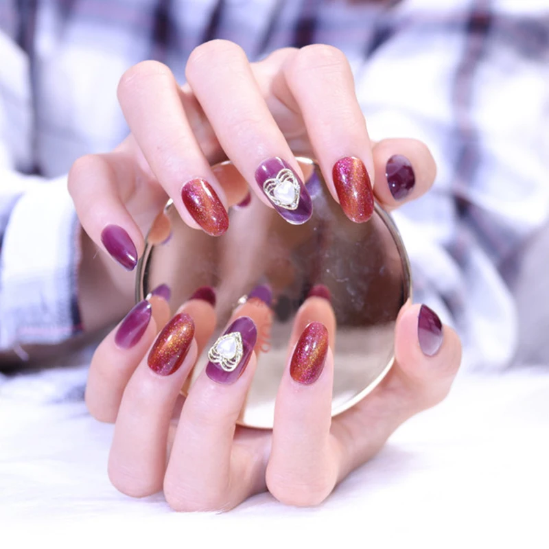 

Fake Nails Transparent Purple Cat Eye Pearl Wear Nail Stickers Finished Nail Stickers 24 Nail Stickers With Glue STTX889