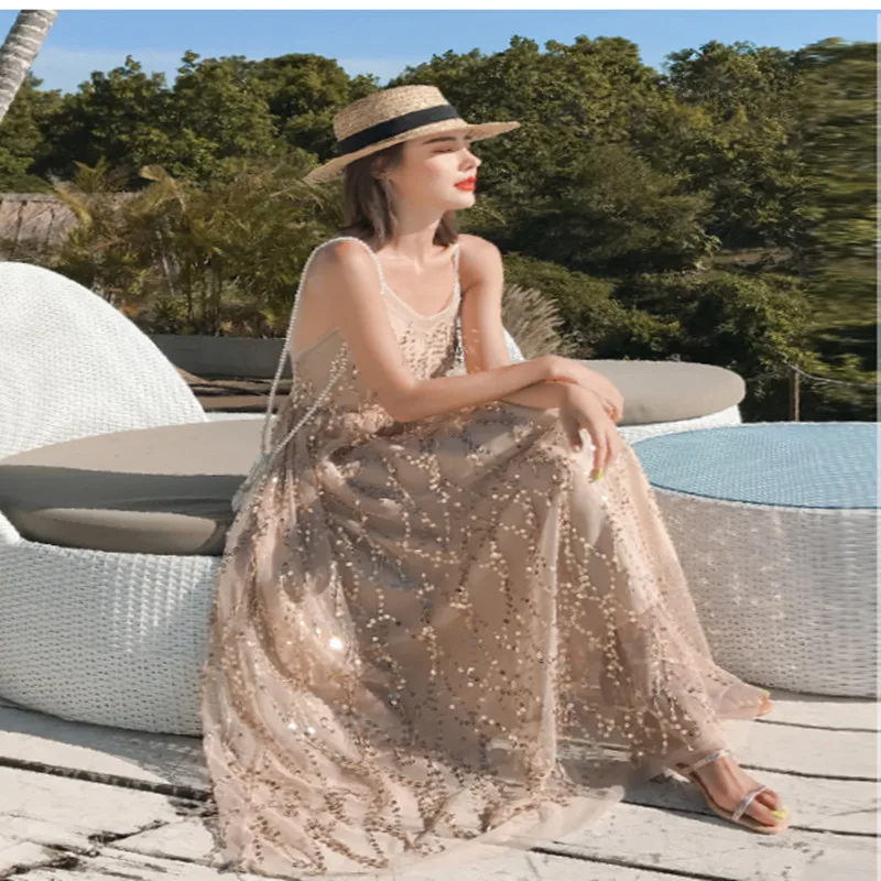 Сексуальное длинное платье с блестками женские летние праздничные платья