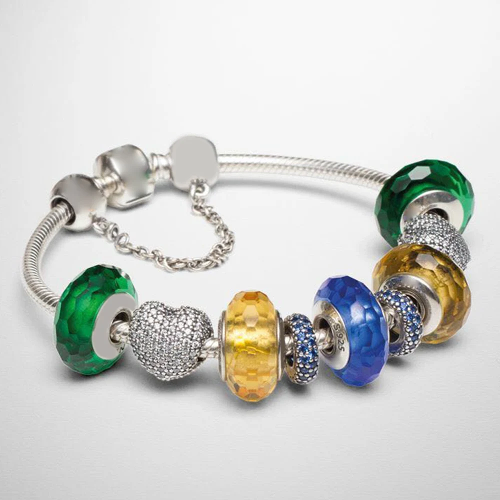 

2019 NEW 100% 925 Sterling Silver 1:1 Colorful Fascinating Charm Murano Glass Heart Shaped Safety Bracelet Set Free Shipping