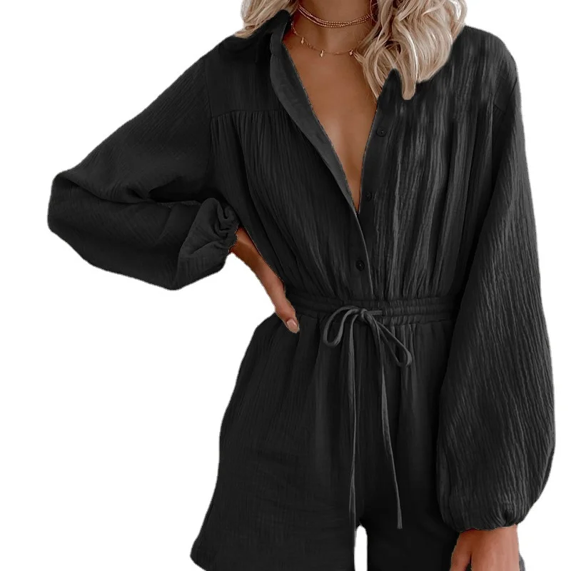 

Long Sleeve Drawstring Pocket Waist Closing Single Breasted Cardigan Loose Jumpsuit Women's Autumn New Style
