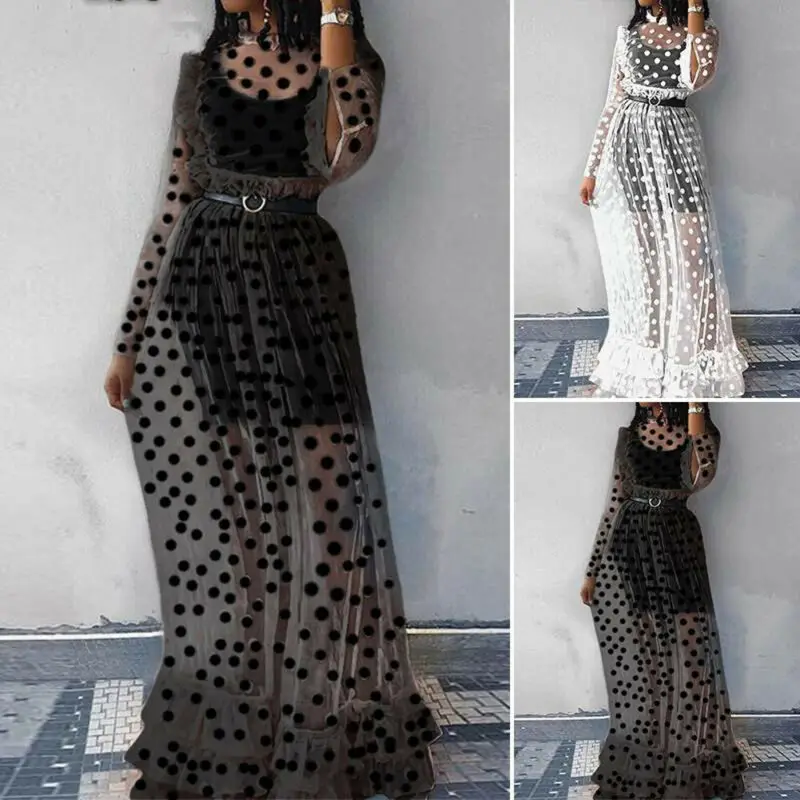 Сексуальное женское платье прозрачное с длинным рукавом в горошек оборками