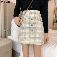 elegant plaid tweed skirts women high waist vintage mini pencil skirt zipper autumn winter wool skirts buttons designer x510