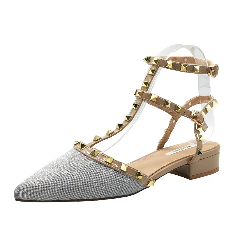 

2021 new casual fashion all-match summer Baotou word buckle with thick heel pointed rivet high heels