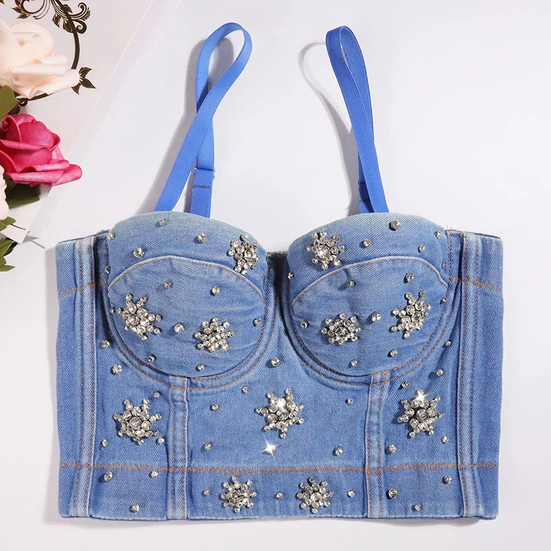 

Sexy Blue Black Denim Crop Top with Rhinestones 2000s Aesthetic Harajuku Gothic Clothes