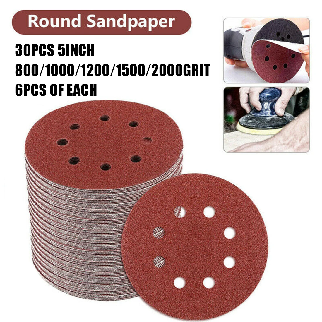 

30pcs 5inch Sandpapers 800/1000/1200/1500/2000 Grit Abrasive Sanding Discs for Polishing Metal and Wood