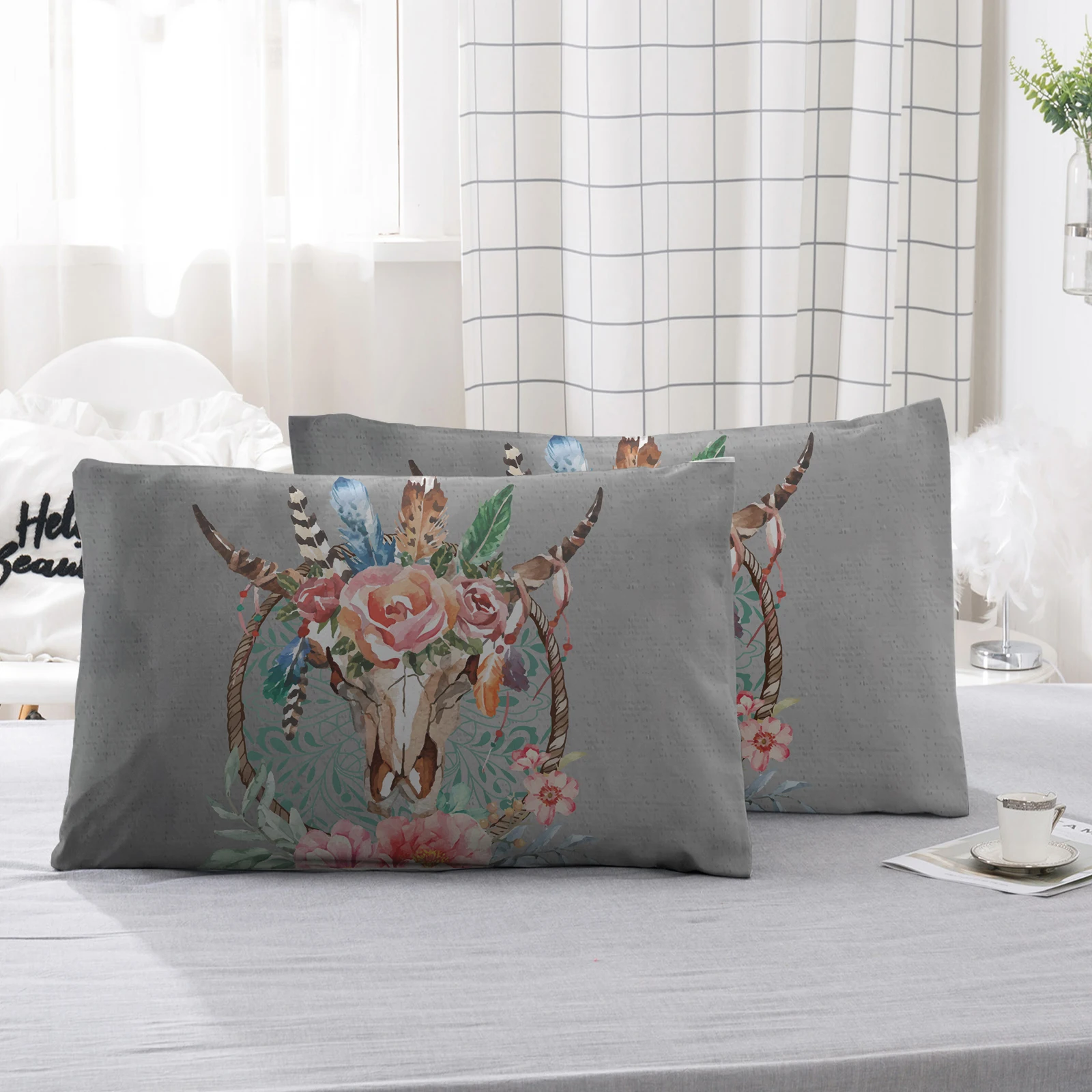 

2pcs Pillowcase Big Dream Catcher Cow Skull Pillow Case Southwestern 3D Printed Gray Queen Bedding Set Soft Skin-friendly
