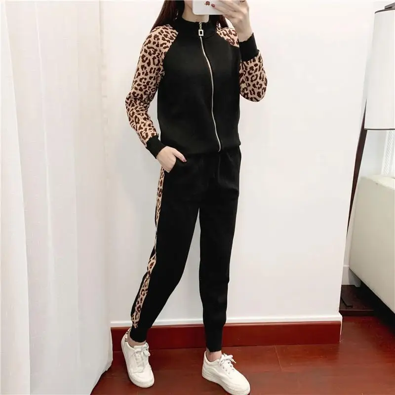 

2021 spring dress new stand collar splicing long sleeve knitted cardigan two piece suit women's fashion