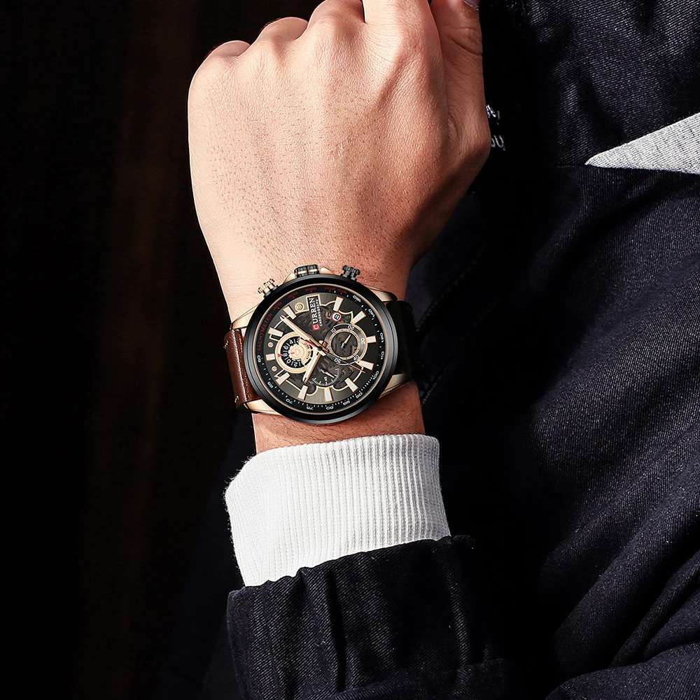 

8380 Fashion Chronograph Clock Men Leather Watch Casual Sport Watches For Men Quartz Wristwatch Relogio Masculino