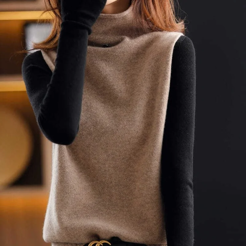 

Autumn and winter new half high collar solid color vest women high collar sleeveless pullover blouse loose knit sweater women