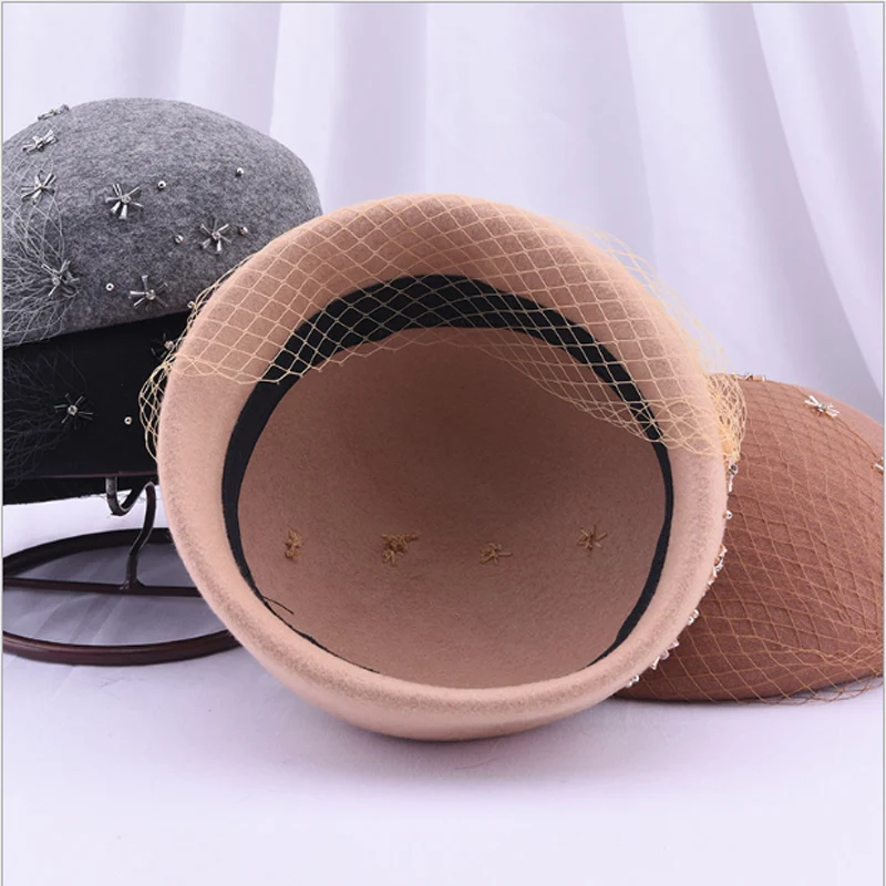 Берет из 100% шерсти фетровый женский Британская модная шляпа стразы вечерний