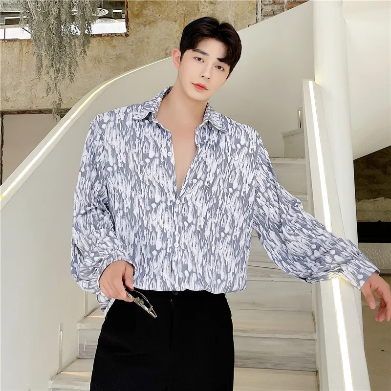 

Autumn Tie-dye Shirts Men's Fashion Printing Stretch Casual Shirts Men Korean Loose Long-sleeved Shirts Mens Dress Shirts M-2XL