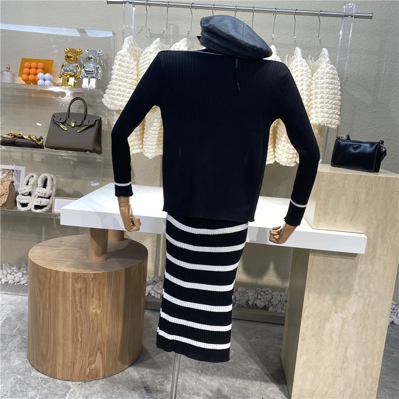 

New Knitted Suit Contrast Stripe Suspender Dress Gentle Style Slim Temperament Long Skirt + Light Long Sleeve Short Coat Suit