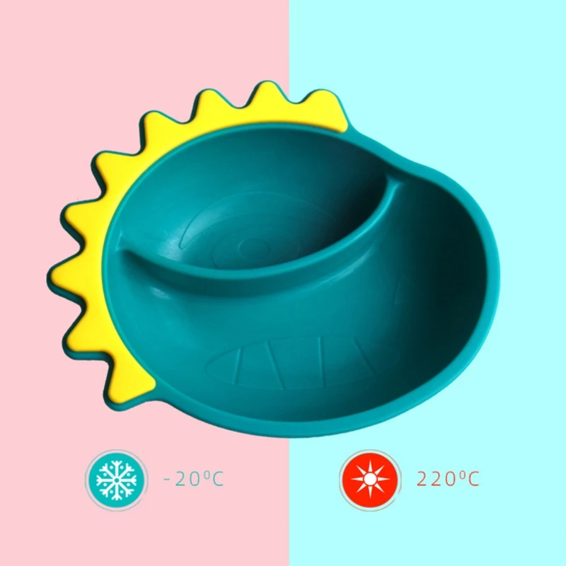 

Food Grade Silicone Cartoon Dinosaur Baby Divided Learning Feeding Suction Bowl