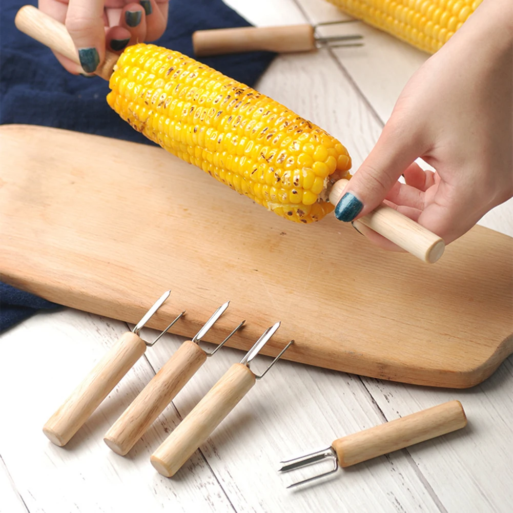 

10pcs Corn On The Cob Holders Stainless Steel BBQ Prongs Skewers Forks With Wooden Handle Barbecue Accessories Kichen Tool