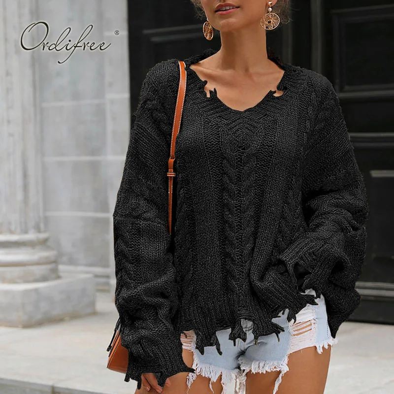 Ordifree 2020 Autumn Winter Oversized Ripped Sweater Women Knitted Pullover Twist Streetwear Loose Casual Female | Женская одежда