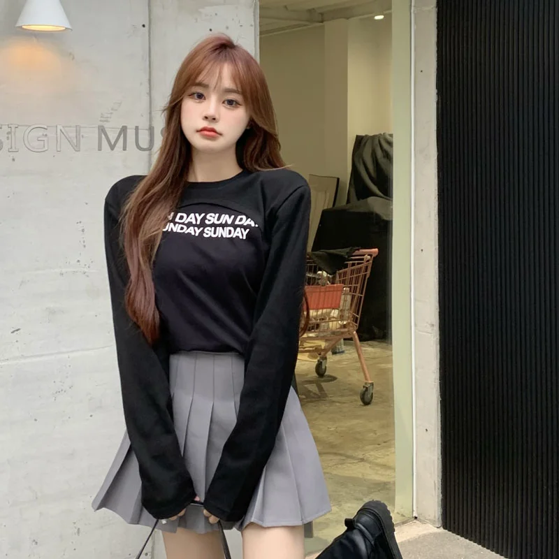 

Корейский модный женский топ с имитацией двух частей с круглым вырезом в стиле пэчворк осенние новые графические футболки женские футболки