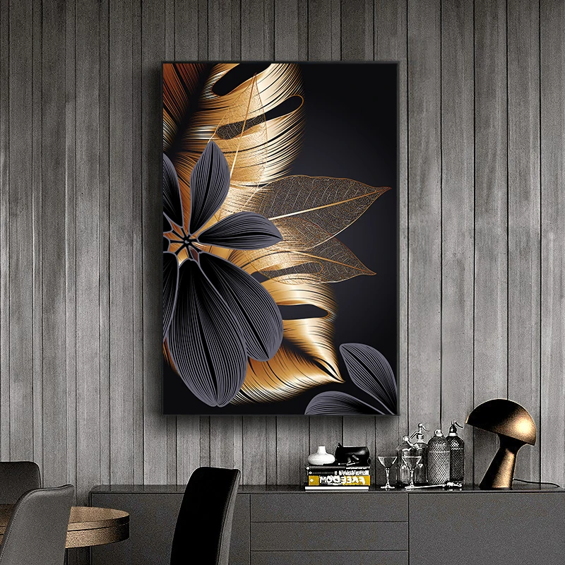 

Black Golden Plant Leaf Canvas Poster Print Modern Home Decor Abstract Wall Art Painting Nordic Living Room Decoration Picture