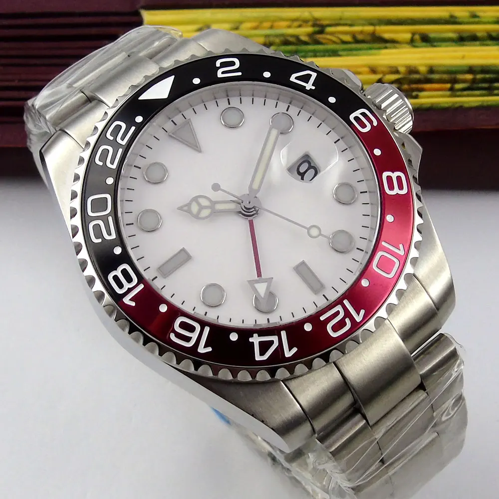 

Мужские часы с сапфировым стеклом, 43 мм, белый стерильный циферблат, черная, красная рамка, светящиеся знаки, автоматическое перемещение, му...
