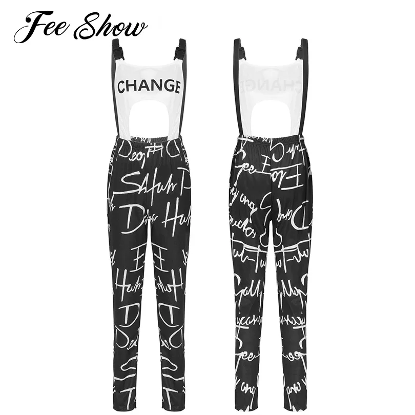 

Womens Fashion One-Piece Bodysuit Suspender Jumpsuit Casual Letters Print Wide Shoulder Straps Front Cutout Backless