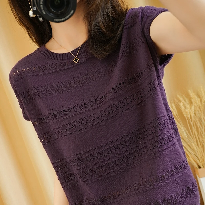 

2021New Summer Thin 100%Pure Cotton Hollow Short-Sleeved Female Round Neck T-Shirt Large Size Knitted Vest Wild Half-Sleeved Top