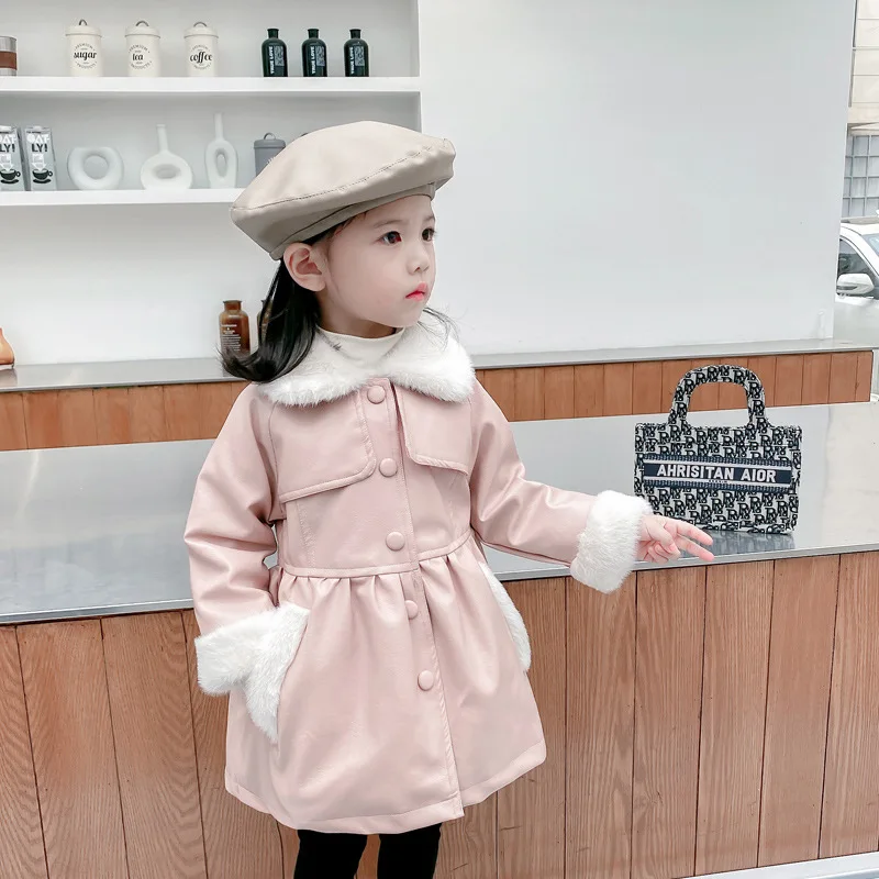 Куртка из искусственной кожи для девочек осенне-зимнее плотное теплое пальто с