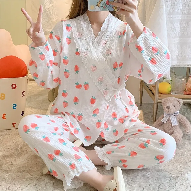 

Женская Хлопковая пижама-кимоно с длинным рукавом и брюками