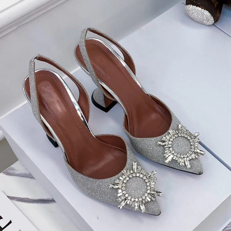 Женские босоножки с острым носком туфли-лодочки на высоком каблуке со стразами и