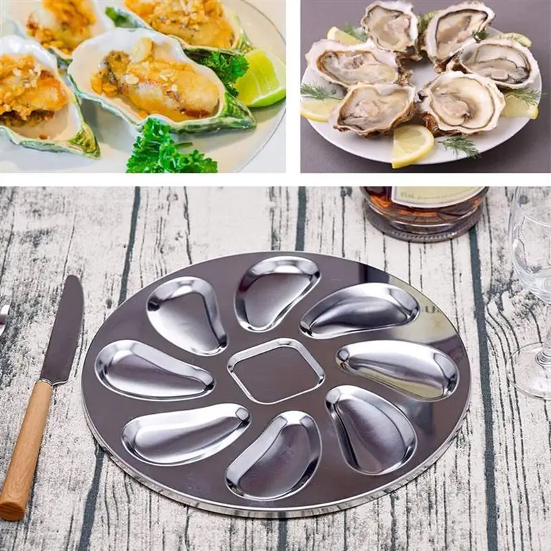 

Stainless Steel Oystr Plate 8 Slots Oyster Serving Grilling Plate Pan for Oysters Sauce Lemons Seafood Tray Home Restaurant Dish