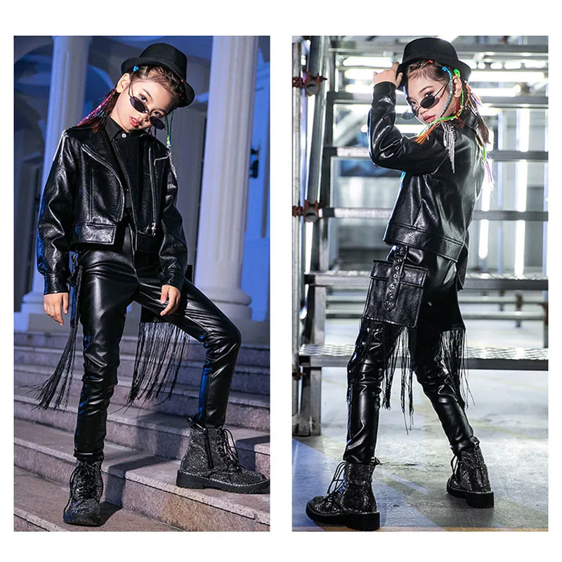 

Child Hip-Hop Handsome Black Leather Jacket Girls Jazz Dancing Costumes Street Dance Clothing Festival Catwalk Show Suit DQL4758