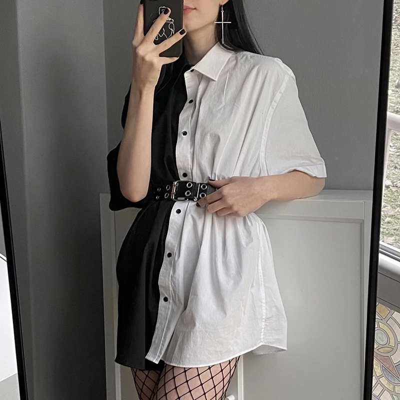 

2021 Summer Black WhitePatchwork Turn-down Collar Shirt Dress Punk Women Casual Loose High Fashion Cool Korean Dress Streetwear