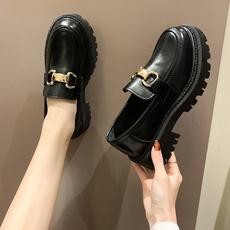 

New Flat Platform Women's Shoes Ladies Black Leather Shoes Casual Buckle Shoes Ladies Fashion All-match Shoes Loafers Women
