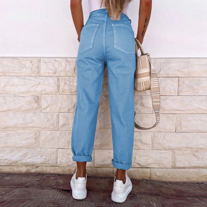

Fashion Elastic Waist Pocket Street Jean Trousers Loose High Waisted Straight Jeans Women Casual Street Ripped Hole Denim Pants