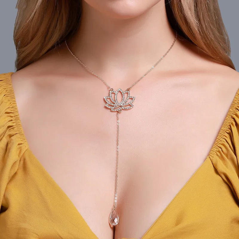 Женская мода Кристалл Подвеска ввиде цветка лотоса ожерелье милое Капля воды