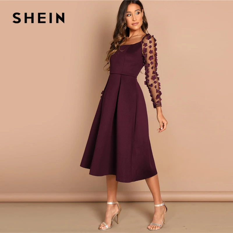 SHEIN Night Out Contrast Mesh Appliques Pleated Square Neck Knee Length Dress Autumn Modern Lady Workwear Women Dresses