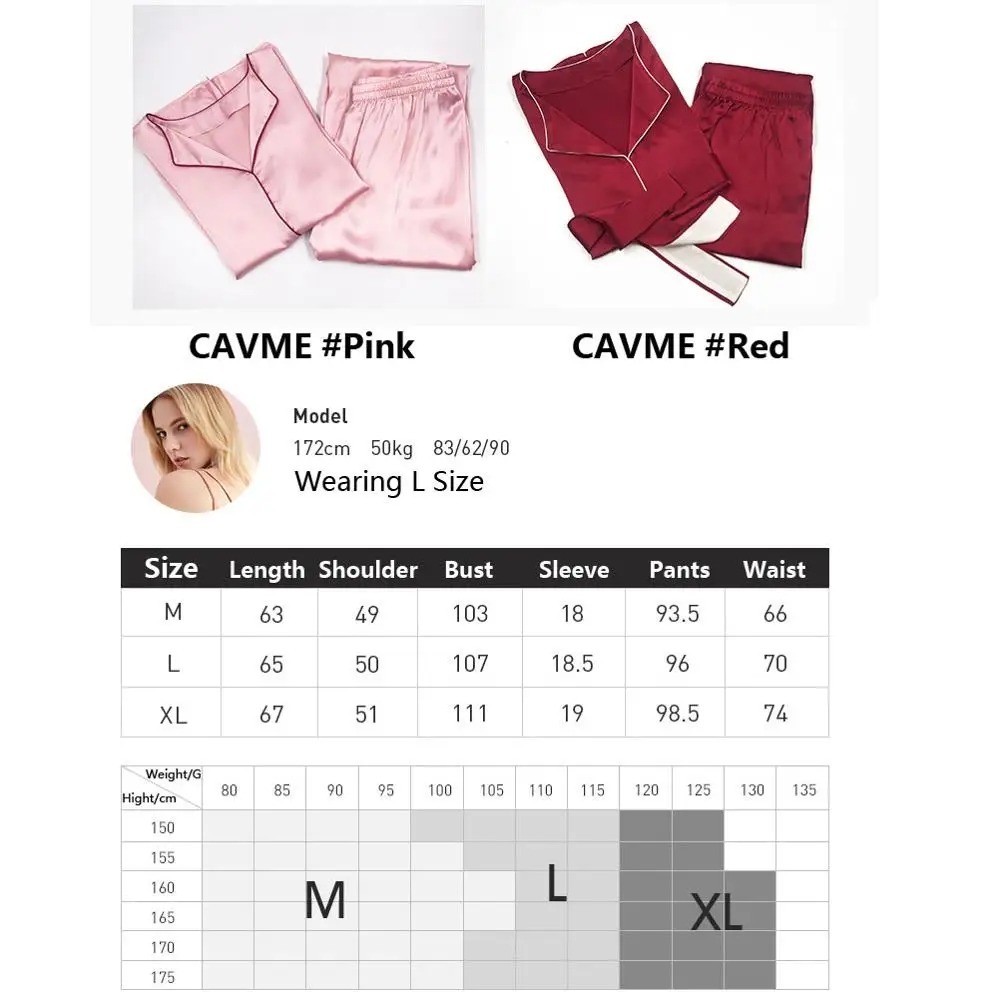 CAVME Pure Silk Pajama Sets for Women Ladies Luxury Sleepwear 2 Pieces Short Sleeve Homewear Full Pants Solid Color Nightwear