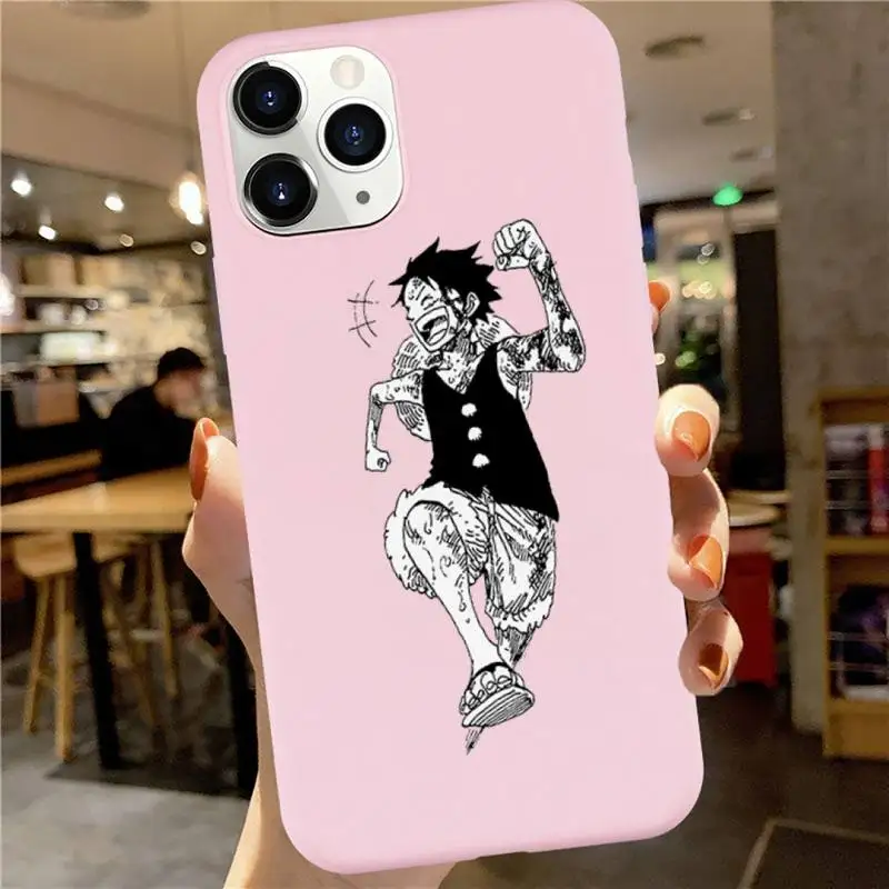 

Japan Anime One Piece Phone Case Pink Candy Color for iPhone 6 7 8 11 12 s mini pro X XS XR MAX Plus