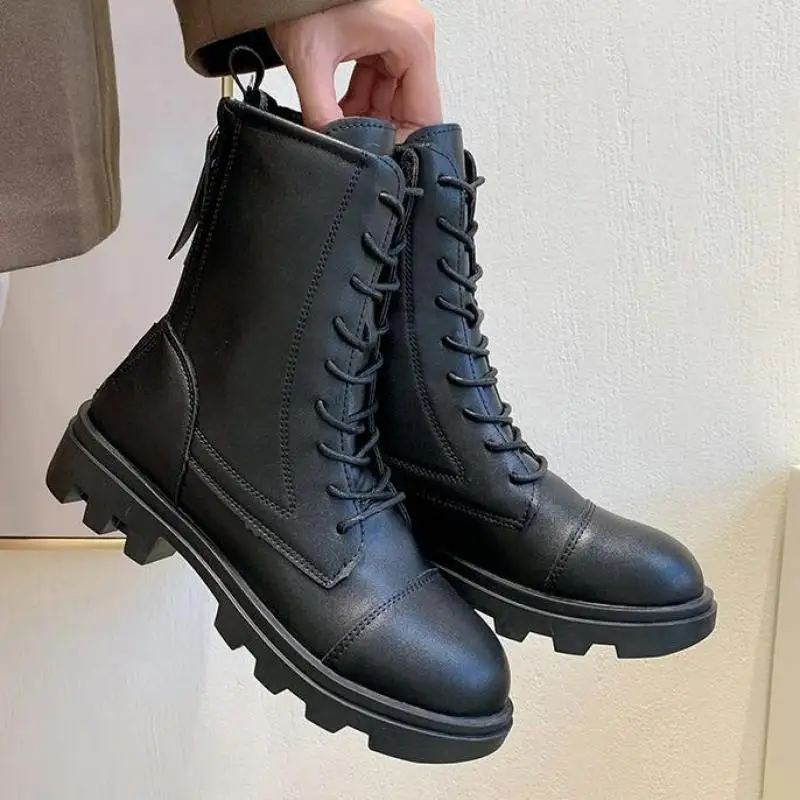 

Женские ботинки на платформе, черные ботинки из искусственной кожи на шнуровке с круглым носком, на молнии, зимние ботинки, 2021