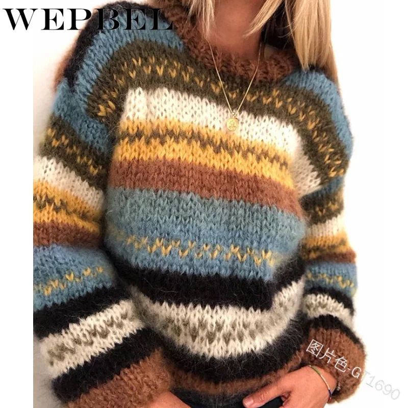 

Mandylandy Autumn Winter Loose knitted Pullover Sweater Femme Rainbow Striped Long Sleeve Women Warm Sweatshirt O-neck Tops