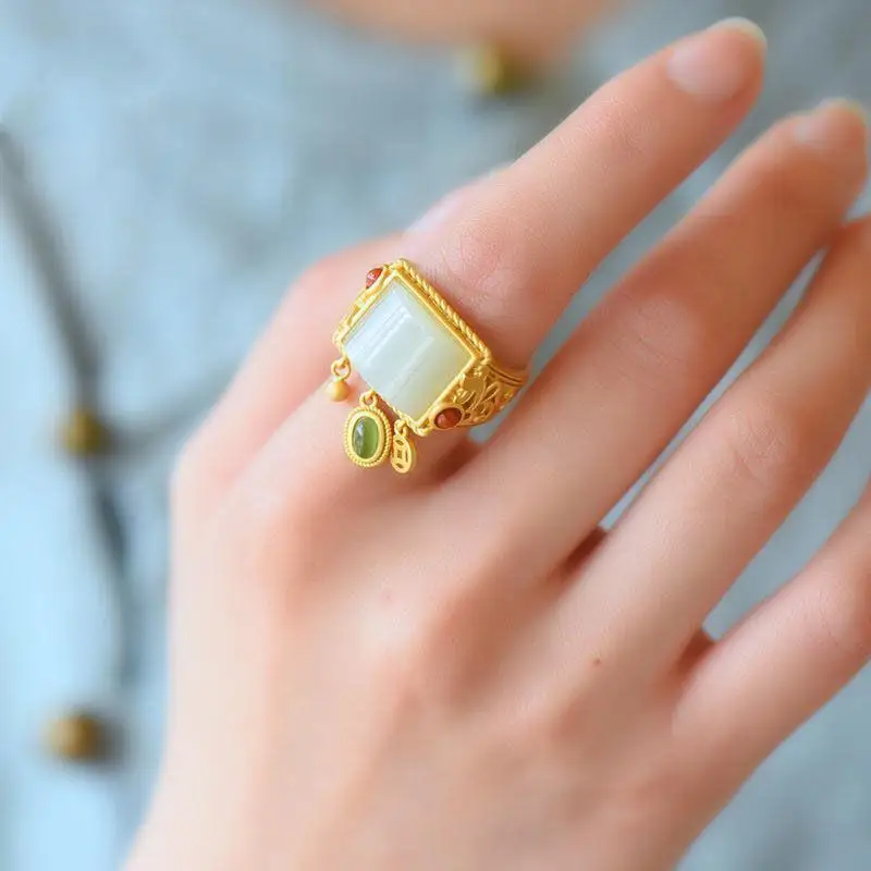 

Mushan Natural Hetian Jade Ring Ancient Sterling Silver Gold Square Ring Elegant Retro Palace Style Open Ring Women
