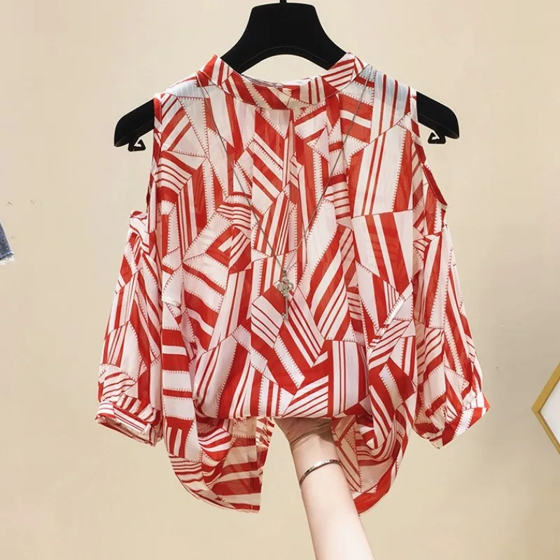 

Шифоновая красная женская блузка с открытыми плечами в полоску; Новинка лета 2021 года; Свободная Женская блузка с круглым вырезом и рукавами-...